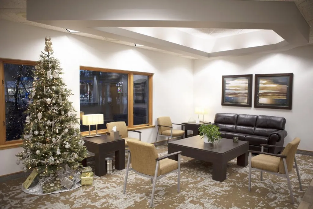 comfortable waiting area with holiday decorations